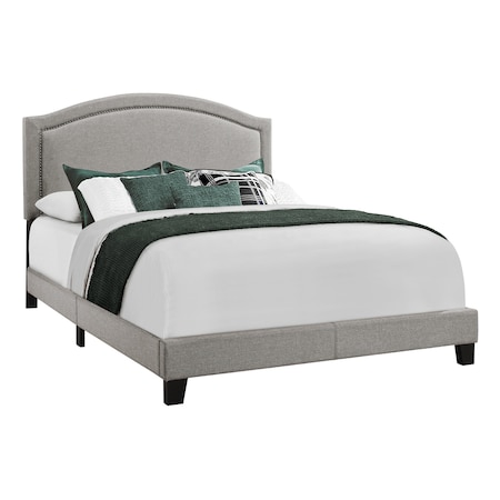 Monarch Specialties Bed, Queen Size, Platform, Bedroom, Frame, Upholstered, Linen Look, Wood Legs, Grey, Chrome I 5936Q